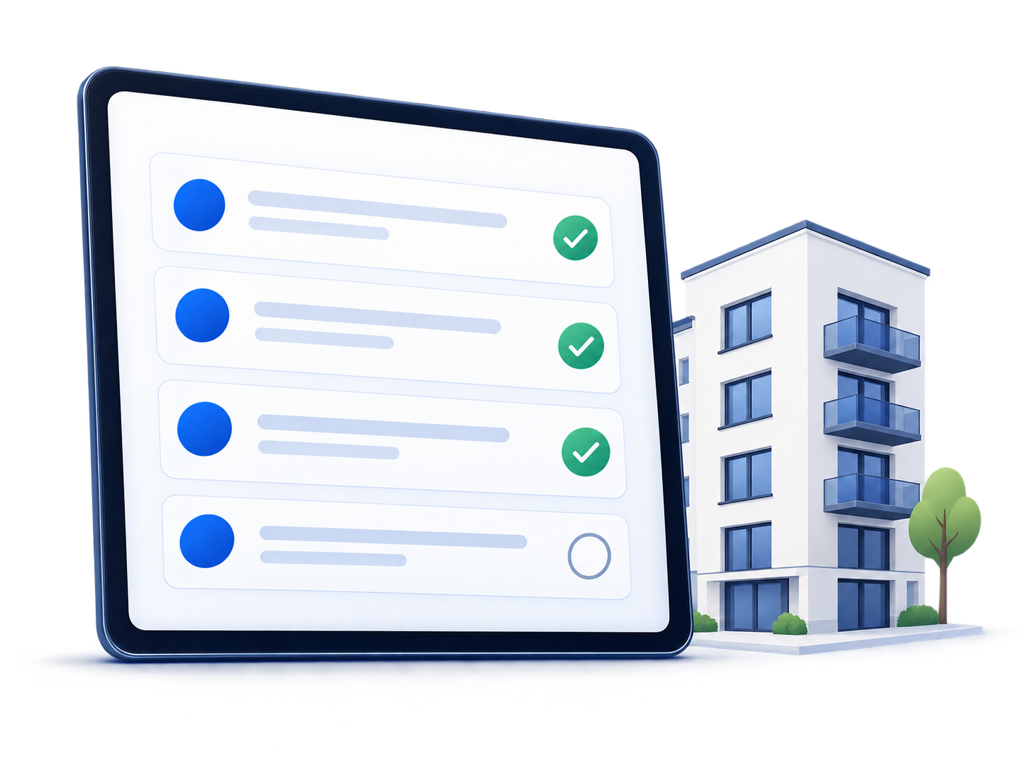 Illustration einer digitalen Wohnungsübergabe auf einem Tablet mit Wohngebäude