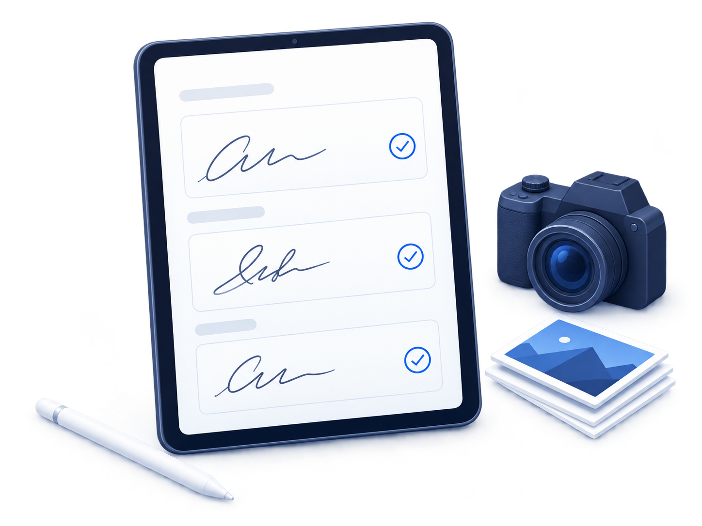 Illustration von Signaturen auf dem Tablet neben Kamera und Fotos